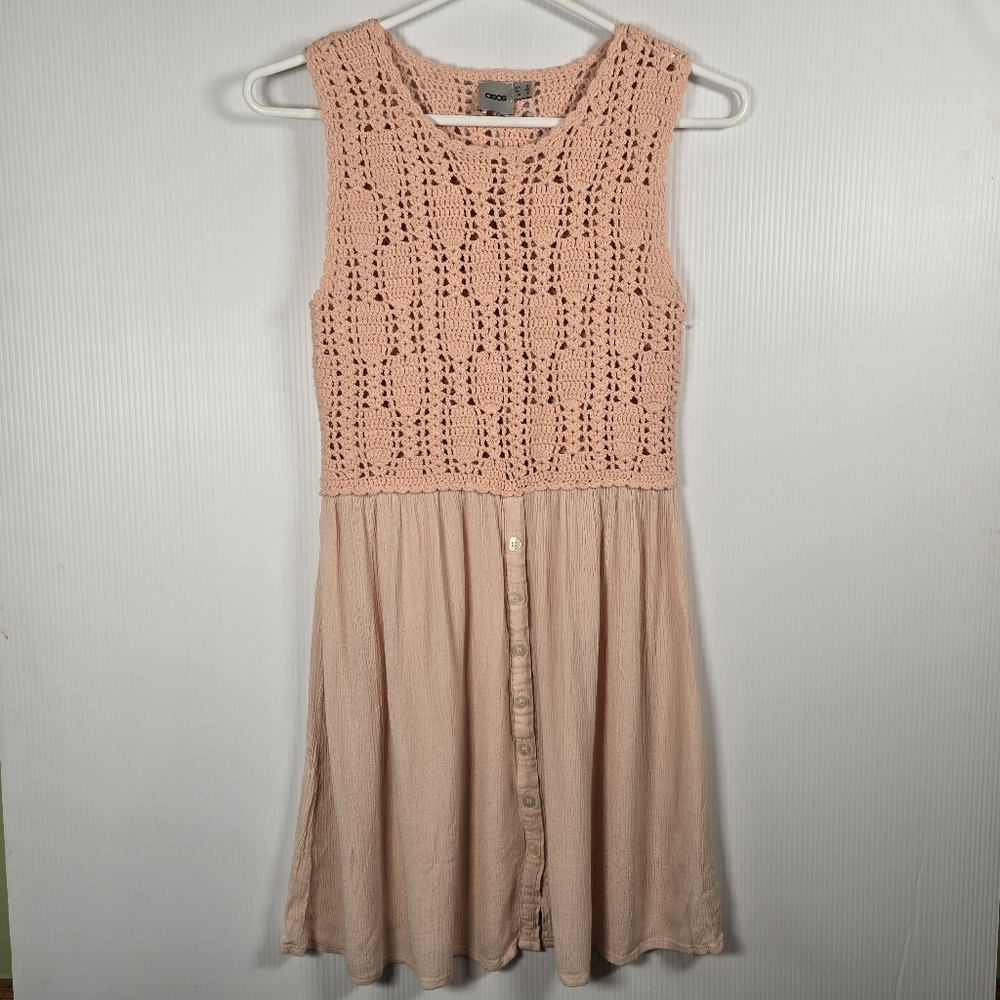 Asos Women's Pink Crochet Top Sleeveless Mini Dress Size 4 Gauze Button Skirt